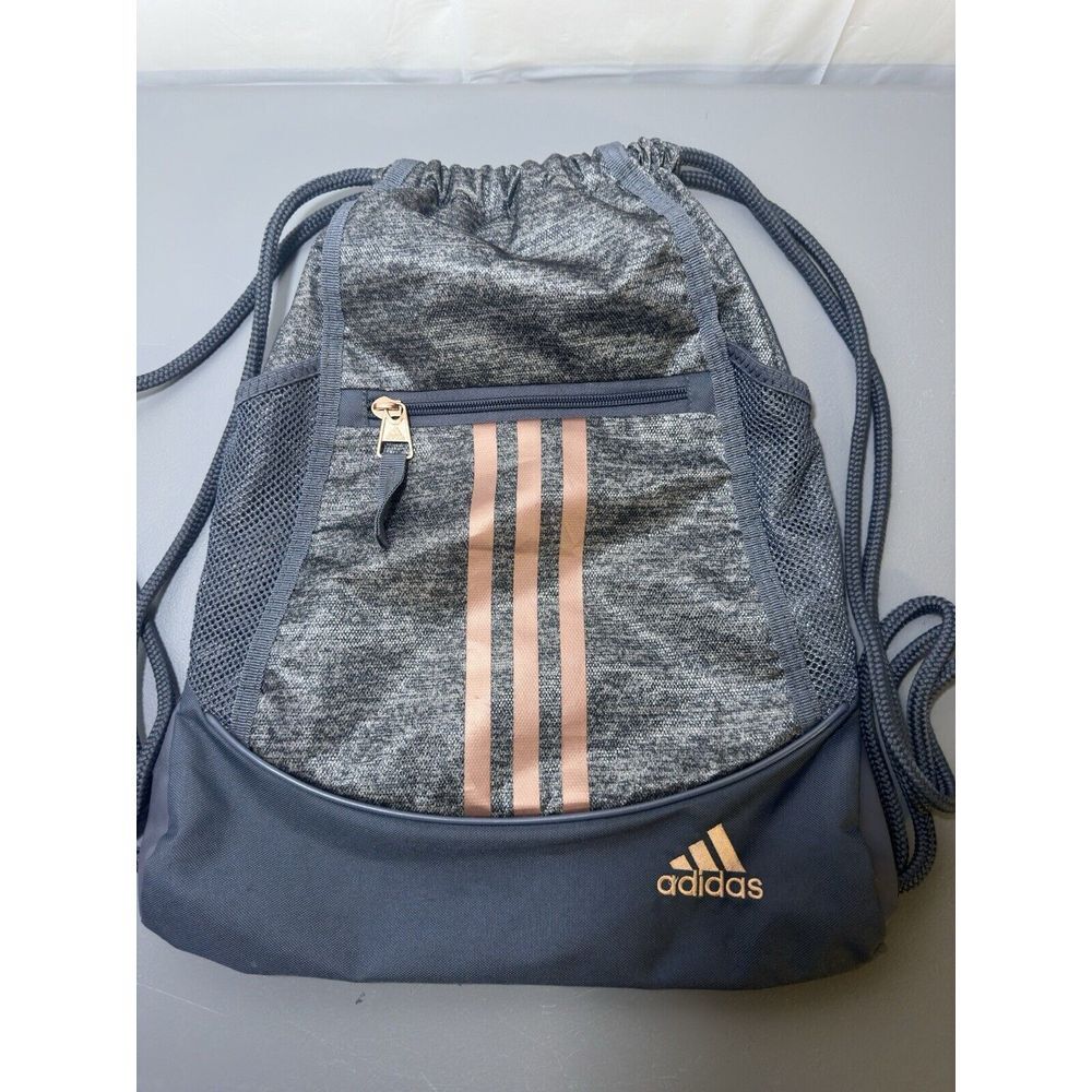 Adidas Gray Gold Drawstring Back Pack With From Zipper Pouch 14x16"